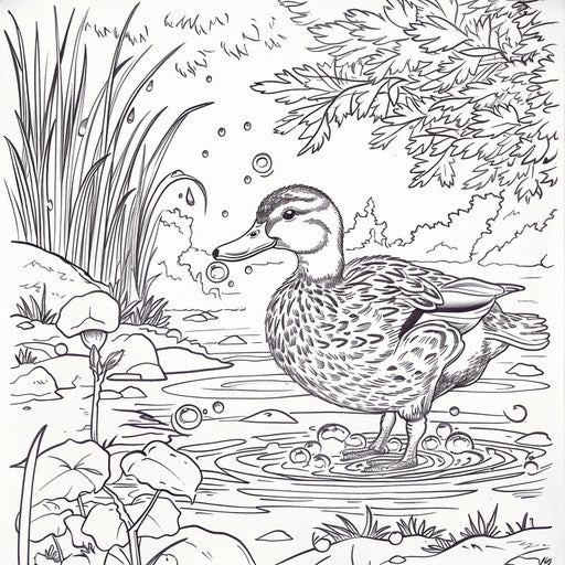 Playful duck blowing bubbles in a calm pond