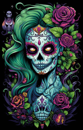 Day of the Dead girl with colorful hair design