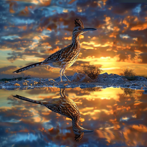 Bird running on a reflective water surface at dawn