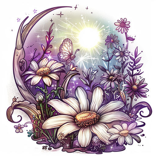 Fantasy tattoo sketch of a daisy in a fairy garden