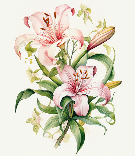 Two pink lilies tattoo, vine style, bright pink and light green