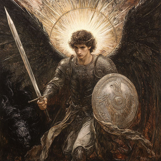 Guardian angel facing a menacing figure in divine light