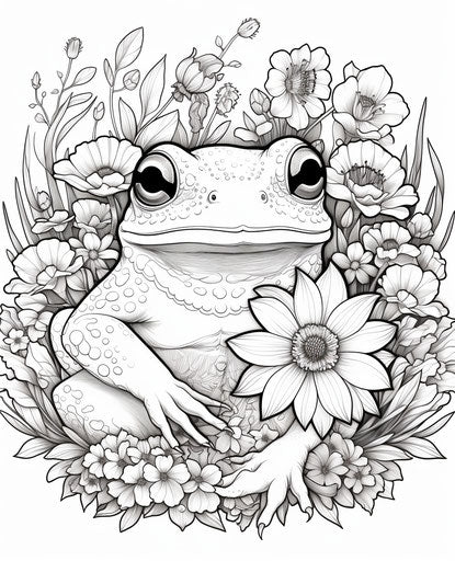 Coloring page of a frog with a flower wreath