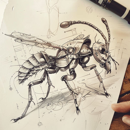 Flat tattoo sketch of a detailed ant with anatomical accuracy