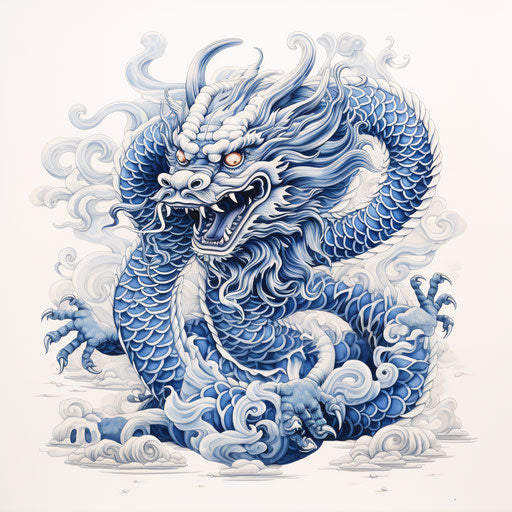 Blue dragon in kawaiipunk style, tattoo, bamileke art