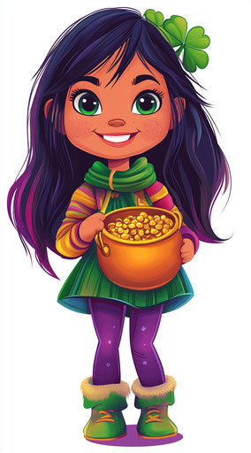 St. Patrick's Day girl, cute and happy with a pot of gold