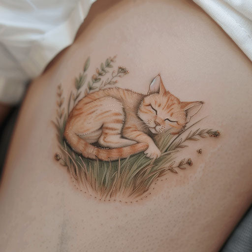 Serene sketch of a cat lying in grass