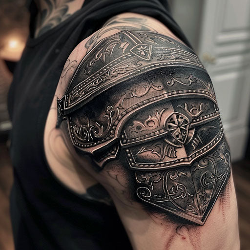 Detailed medieval armor armband tattoo on upper arm