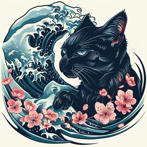 Traditional Japanese black cat tattoo with waves and cherry blossoms