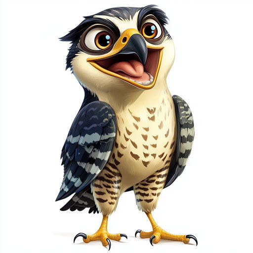 Humorous caricature of a falcon with human characteristics