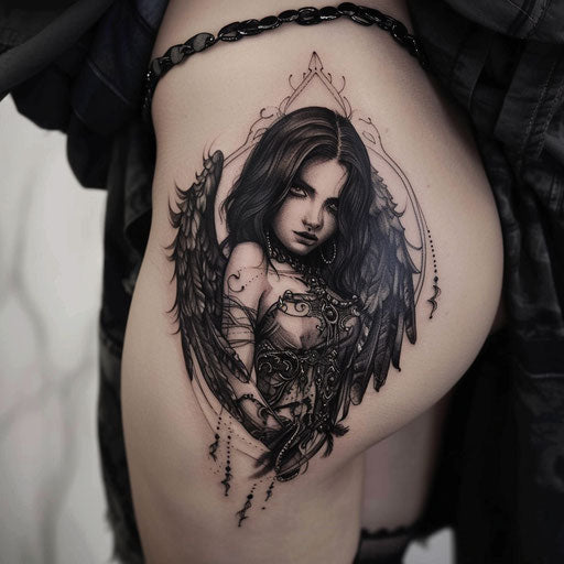 Hip tattoo of a dark angel, in the style of Gerald Brom