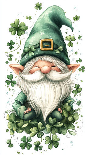 St. Patrick's Day hat, a cute gnome with a white beard and green hair wearing St. Patrick's Day, surrounded by shamrocks. Design for a t-shirt in the style of Disney animation on a white background, clipart.