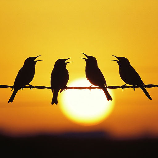 Four birds perched on telephone wires, melodious singing at sunset