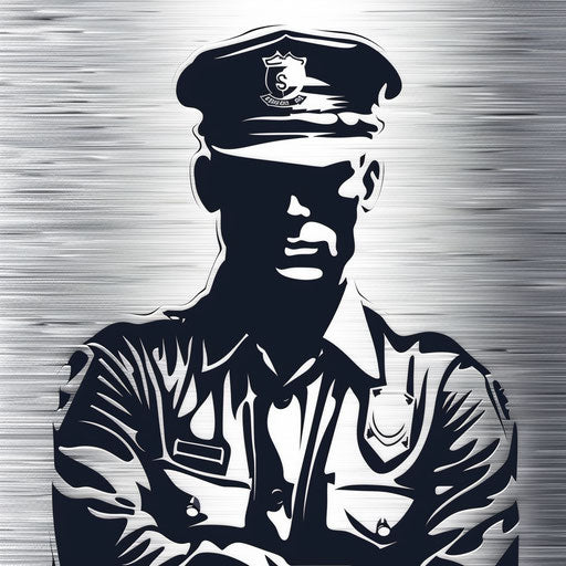 Flat metallic silver background showcases realistic security guard