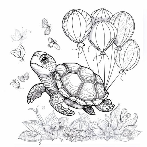 A cute turtle flying with balloons, Mindy Sommers-style, coloring book page