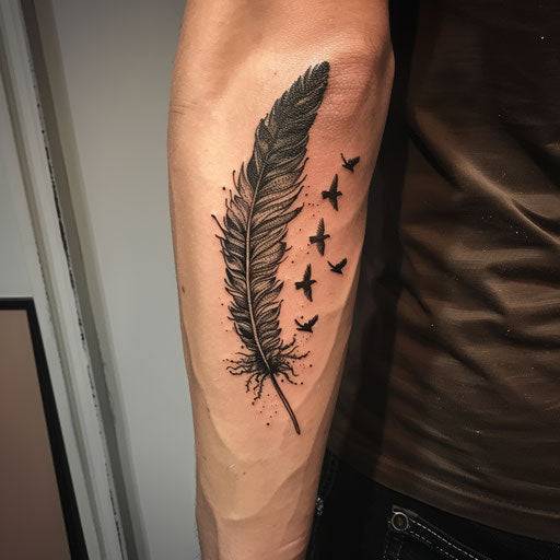 Feather transforming into birds on the forearm