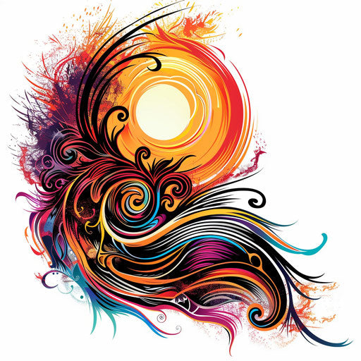 Stylized sunset tattoo with bold, fiery colors and tribal elements