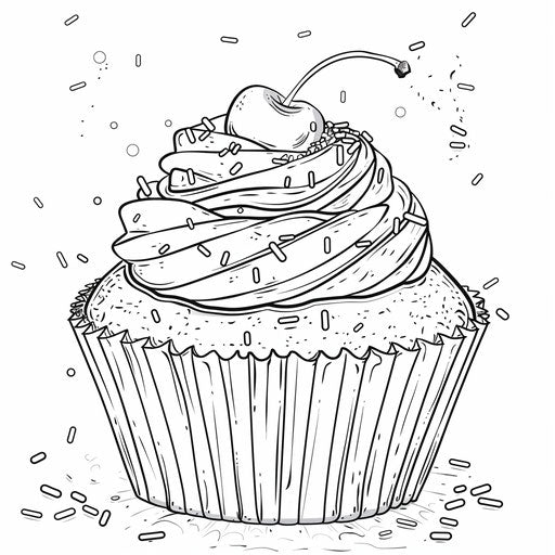 A big cupcake with sprinkles and a cherry on top. Coloring book page