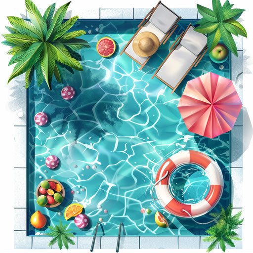 Pool party clipart with photo realistic style on flat white background