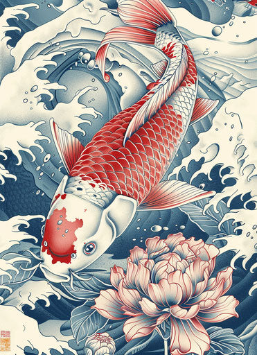 Carp with red and white flower, classic tattoo style