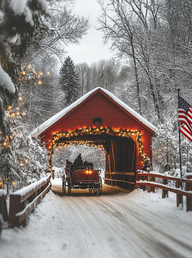 Covered bridge Christmas canvas wall art with lights