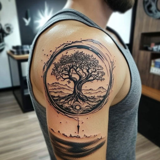Male upper arm tattoos featuring a tree of life