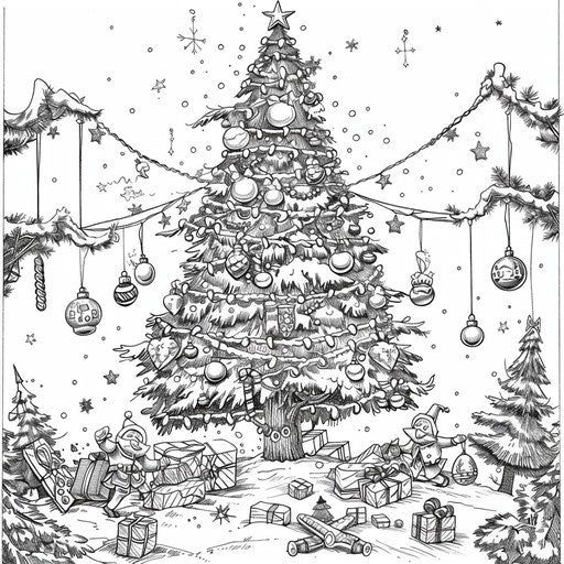 Elves decorating a giant Christmas tree with ornaments and lights