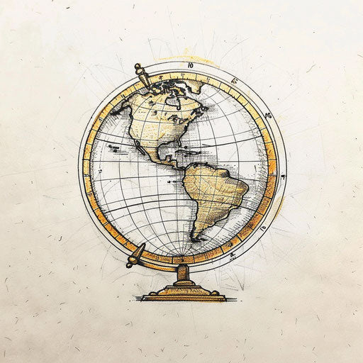 Stylish flat tattoo sketch of a globe with golden longitude and latitude lines, clipart style