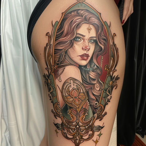 Women with heroic tattoos, in the style of Glenn Fabry