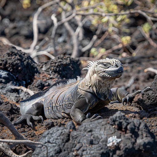 Iguana navigating volcanic terrain