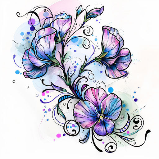 Whimsical tattoo sketch in clipart style of a sweet pea, April birth flower, with playful polka dots and stripes