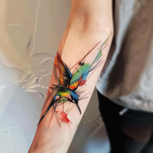 Surrealist swallow tattoo, dream-like colors and forms