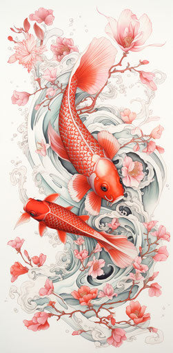A koi fish in an anime style, intricate floral patterns