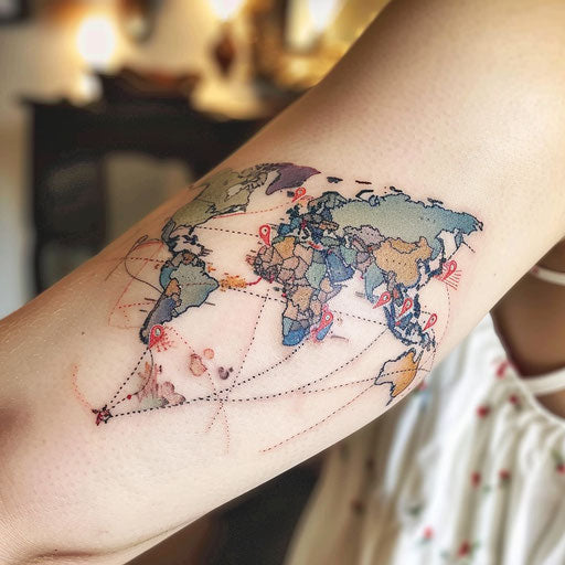 Traveler's detailed and colorful map tattoo