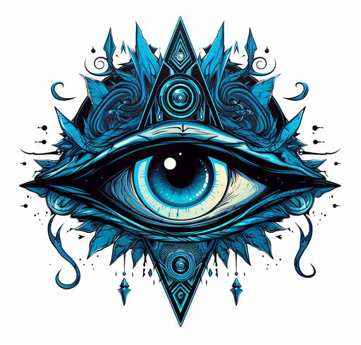 All-seeing eye with crescent moon, dreamlike motifs