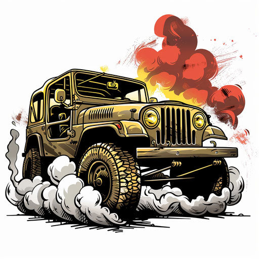 Stylized tattoo of a military 4x4 with dust trails, in a vibrant cartoon style on a white background.