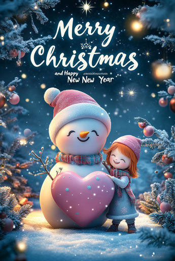 Merry Christmas and Happy New Year 3D image with heart-shaped pink snowman