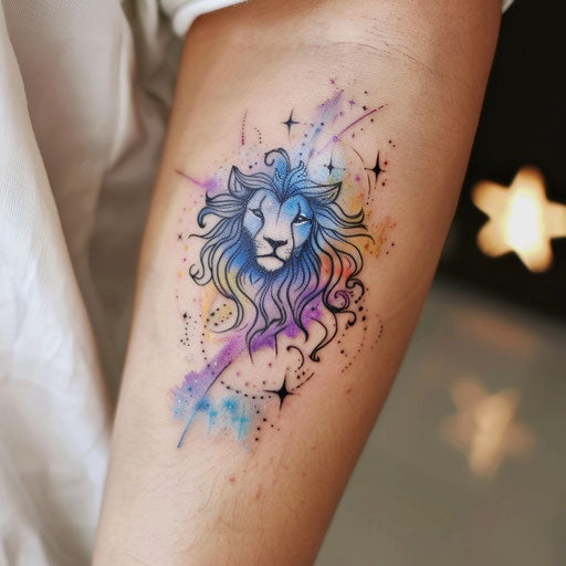 Harmonious Leo constellation tattoo sketch in flat style with pastel watercolor effects