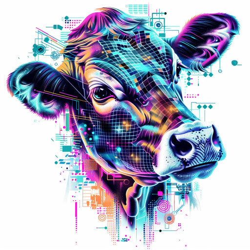 Futuristic cow tattoo with digital pixel elements, neon colors