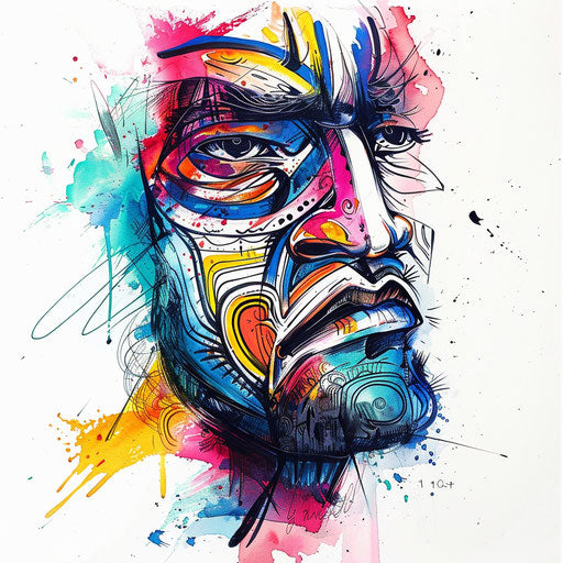 Expressionist tattoo sketch with bold strokes and vibrant splashes of color