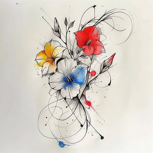 Modern, abstract tattoo sketch with bold splashes of color depicting morning glory