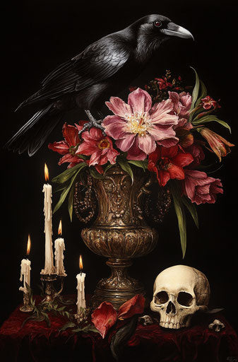Raven, skull, and flowers in a vase with candles