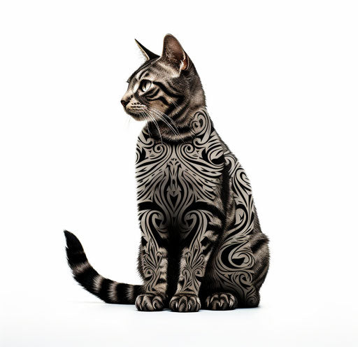 Black and gray tabby cat on floor in front of white background