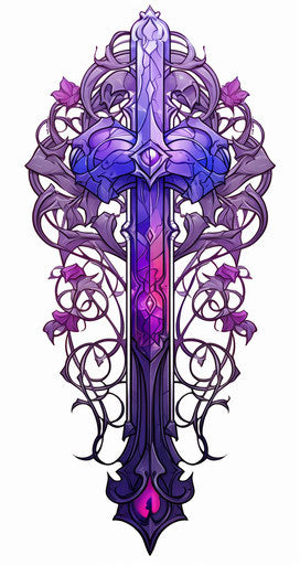 Sword with purple hearts, stained glass style, realistic palette