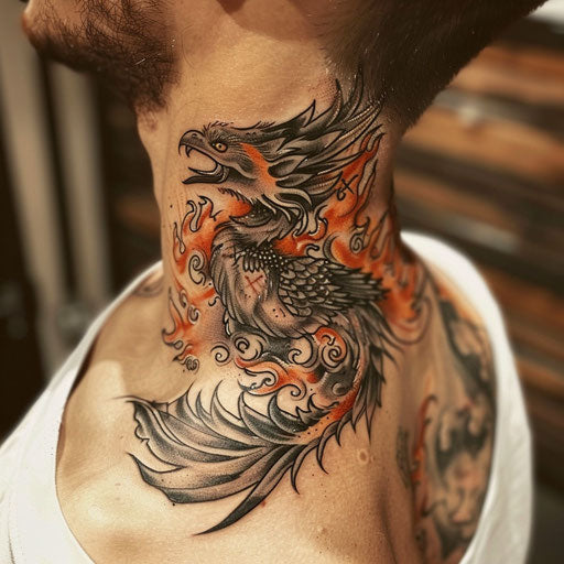 Spiritual tattoos of a phoenix and flames, Gerald Brom style