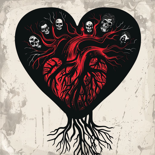 Clipart flat style tattoo sketch of a heart with family names as roots, deep red and black