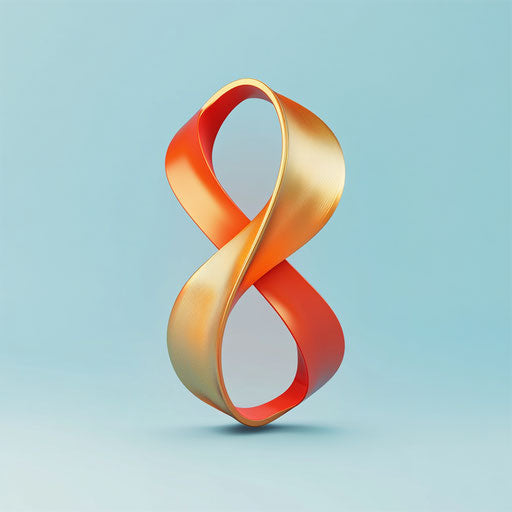 Professional 3D logo with unique abstract helix symbol integrated with elegant sans-serif typography, vibrant red and gold colors, isolated on flat light blue background.