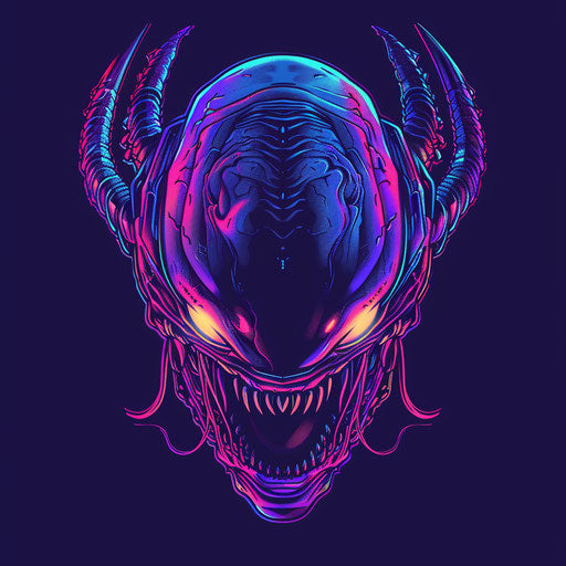 Futuristic tattoo sketch of a venomous alien, flat style in glowing neon colors