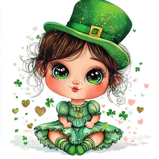Saint Patrick's Day baby girl clipart, white background, Delamare and Artgerm style, high resolution, full body, rainbow, shamrocks, big eyes, big lips, Irish hat, green, cute