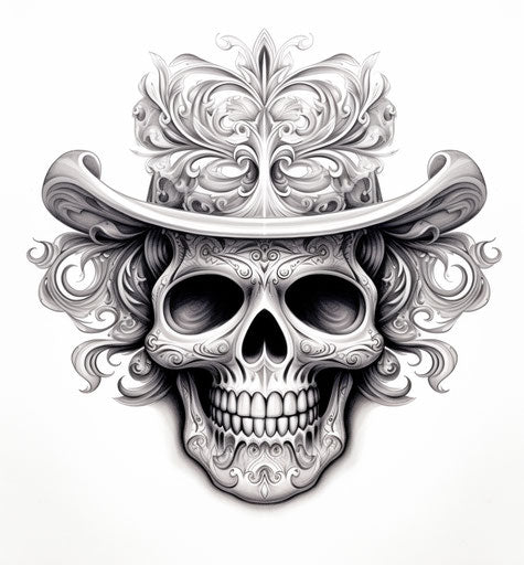 Skull sombrero black and white realism, extreme angle
